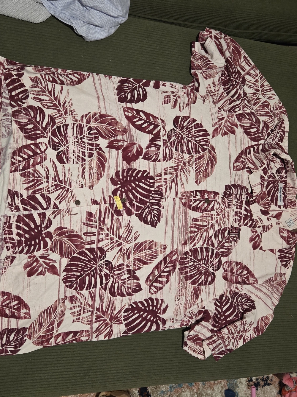 Tommy Bahama Cream and Maroon Tropical Leaf Print Button-Down Shirt